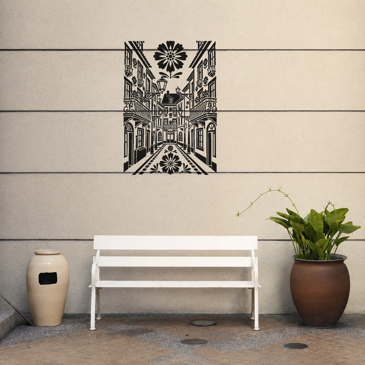 Old European Street Stencil with Lamps and Balconies for Art and DIY Crafts Template