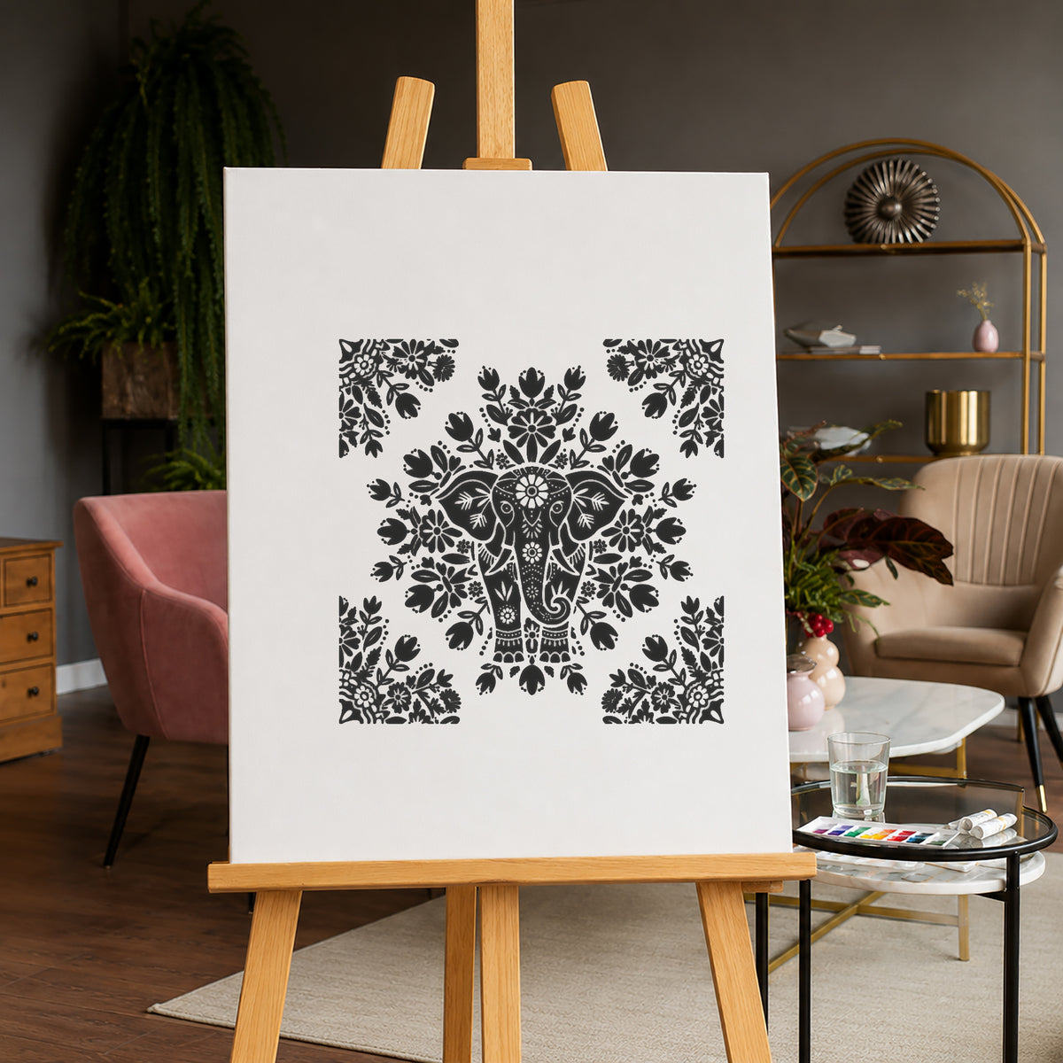 Ornate Indian Elephant Front View Stencil for Home Decor and DIY Crafts Template