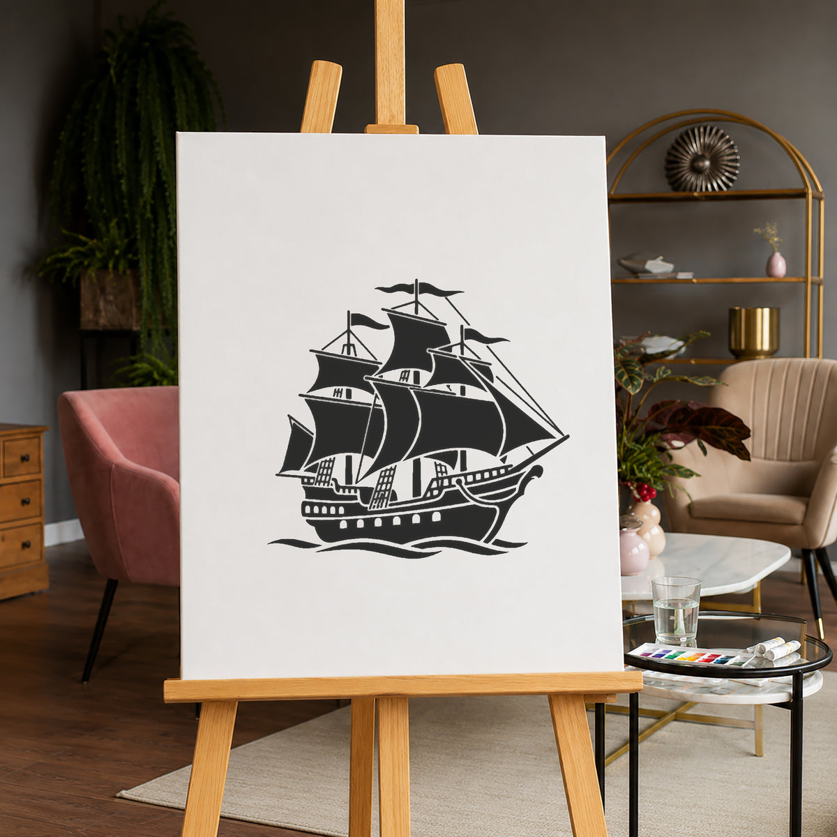 Ornate Pirate Ship Side View Stencil for Art, DIY Crafts, and Home Decor Template