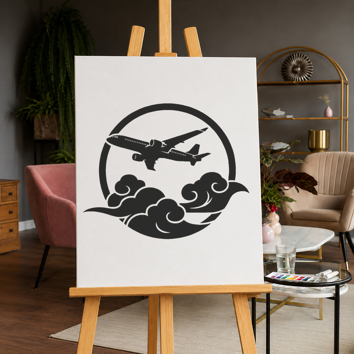 Passenger Airplane Flying Above Clouds Reusable Stencil for Art and Home Decor Template