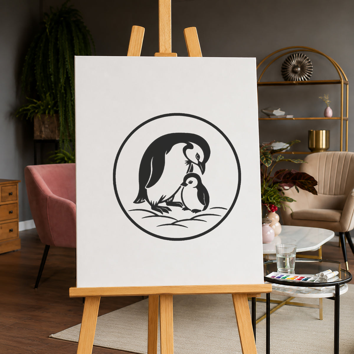 Penguin Parent With Chick Circular Mylar Stencil for Art, Home Decor & DIY Crafts Template