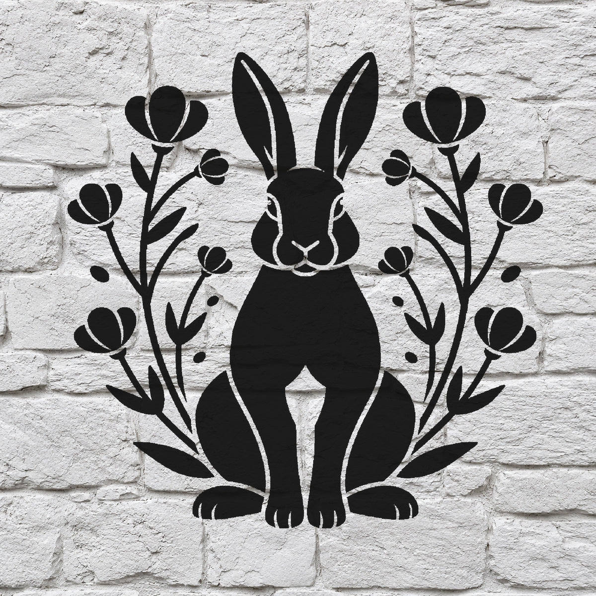 Rabbit Sitting Beneath Flowering Meadow Plants Stencil for Art and DIY Crafts Template