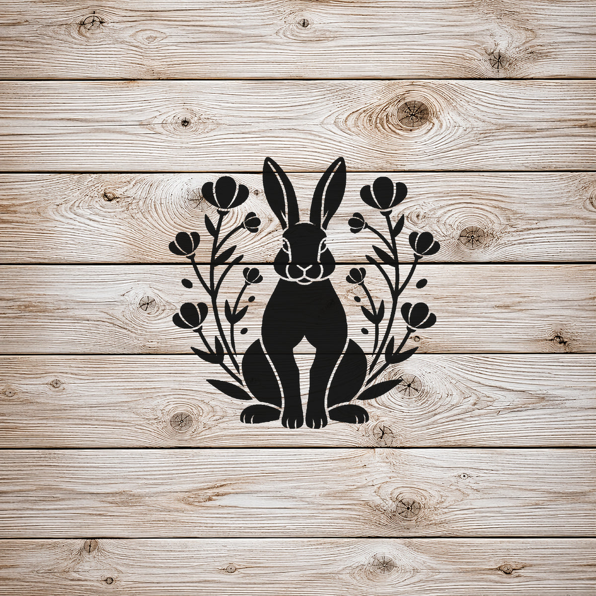 Rabbit Sitting Beneath Flowering Meadow Plants Stencil for Art and DIY Crafts Template