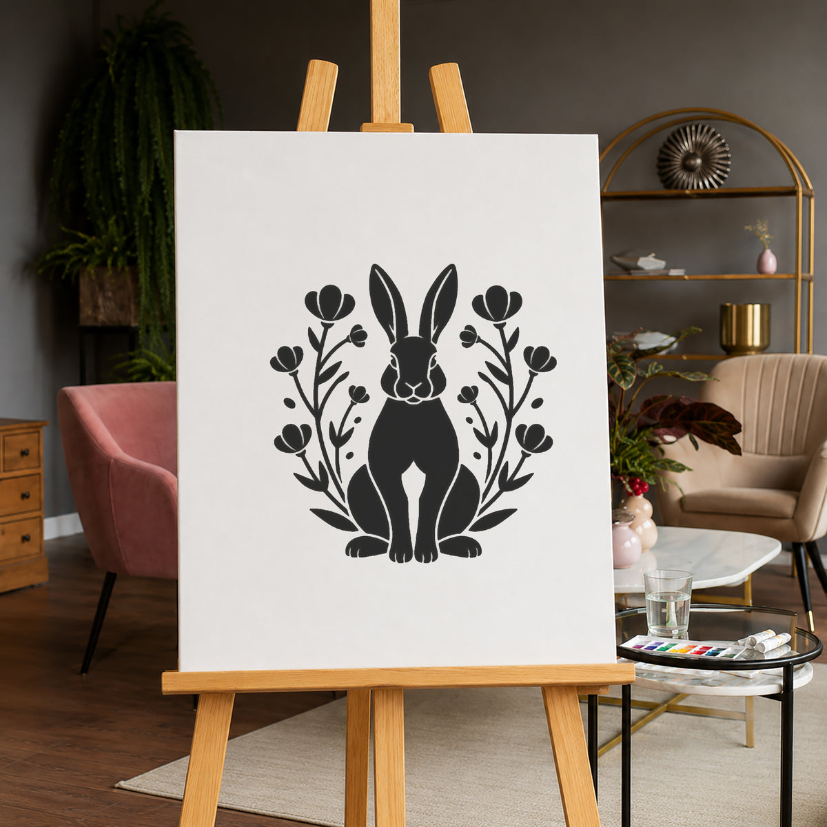 Rabbit Sitting Beneath Flowering Meadow Plants Stencil for Art and DIY Crafts Template