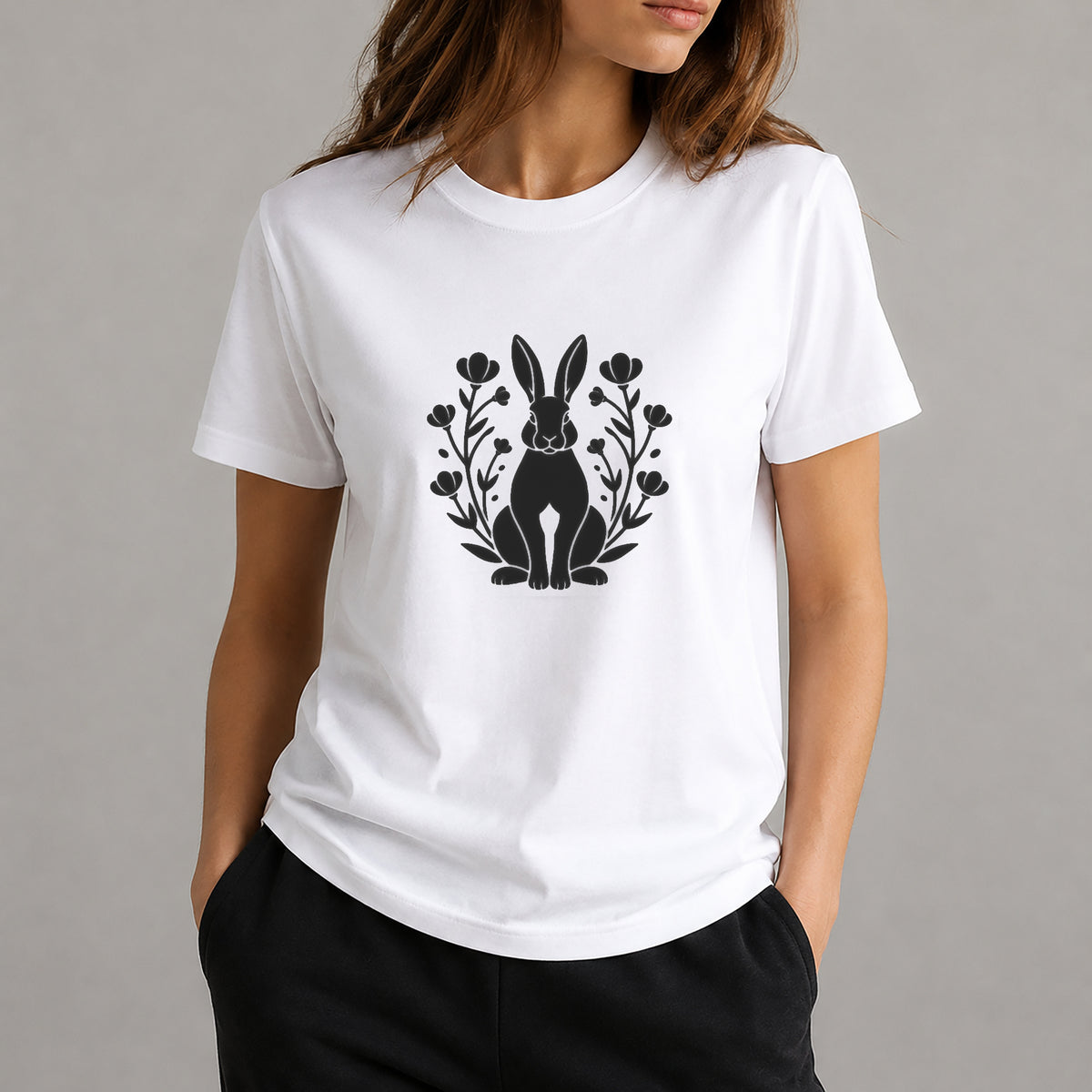 Rabbit Sitting Beneath Flowering Meadow Plants Stencil for Art and DIY Crafts Template
