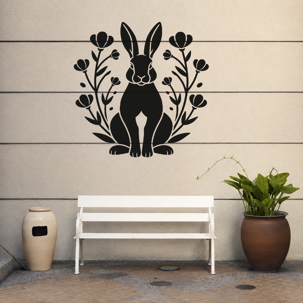 Rabbit Sitting Beneath Flowering Meadow Plants Stencil for Art and DIY Crafts Template