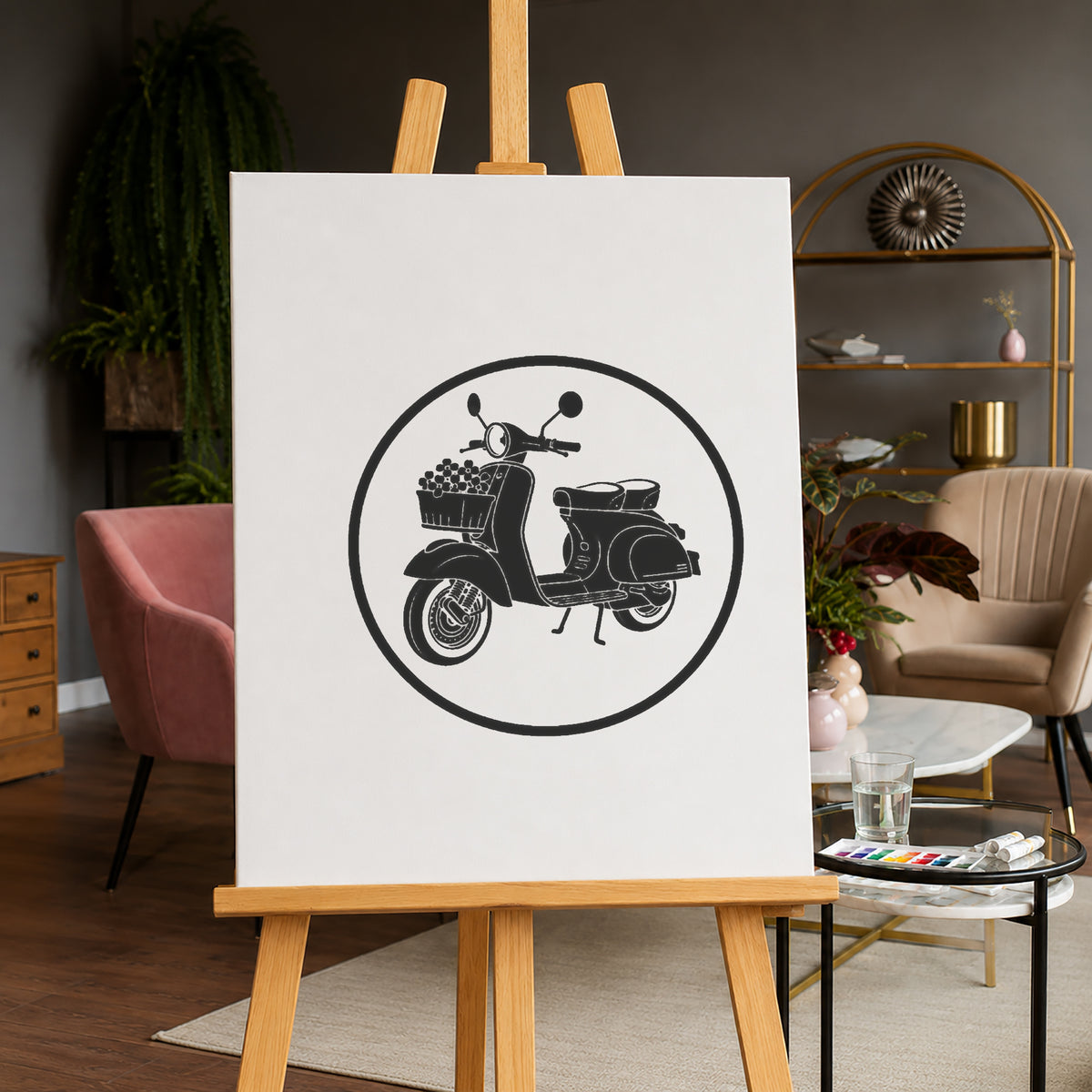 Retro Scooter Stencil with Flower Basket for DIY Crafts and Home Decor Template