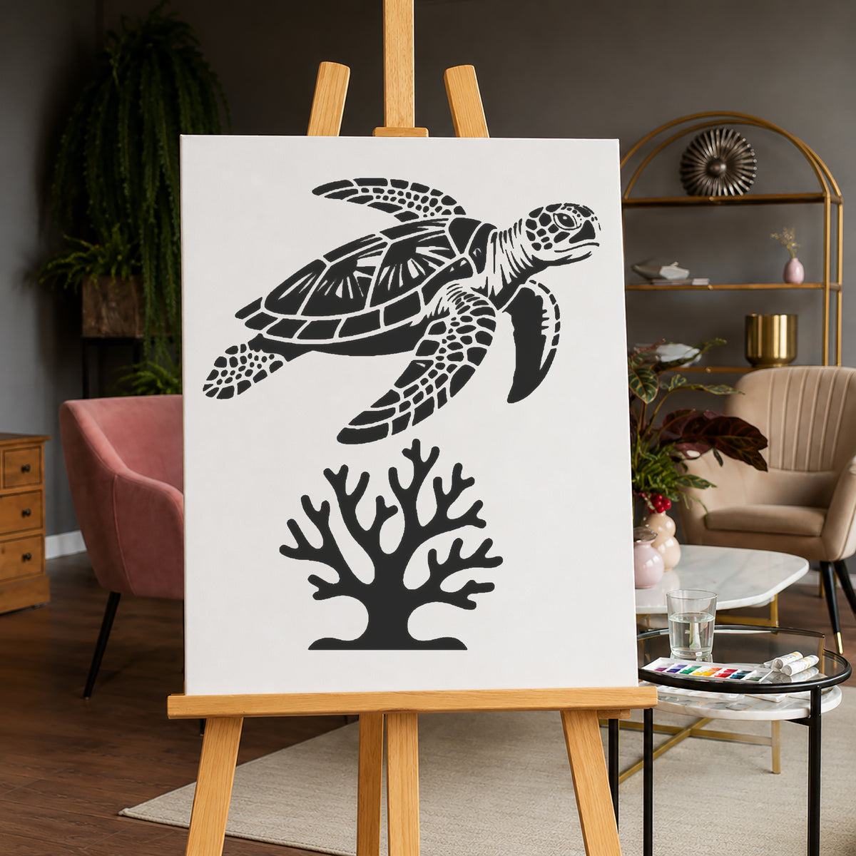 Sea Turtle Swimming Above Coral Minimal Stencil for Art and DIY Home Decor Template