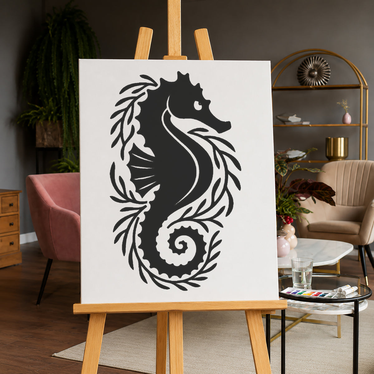 Seahorse and Seaweed Reusable Mylar Stencil for Art and DIY Crafts Template