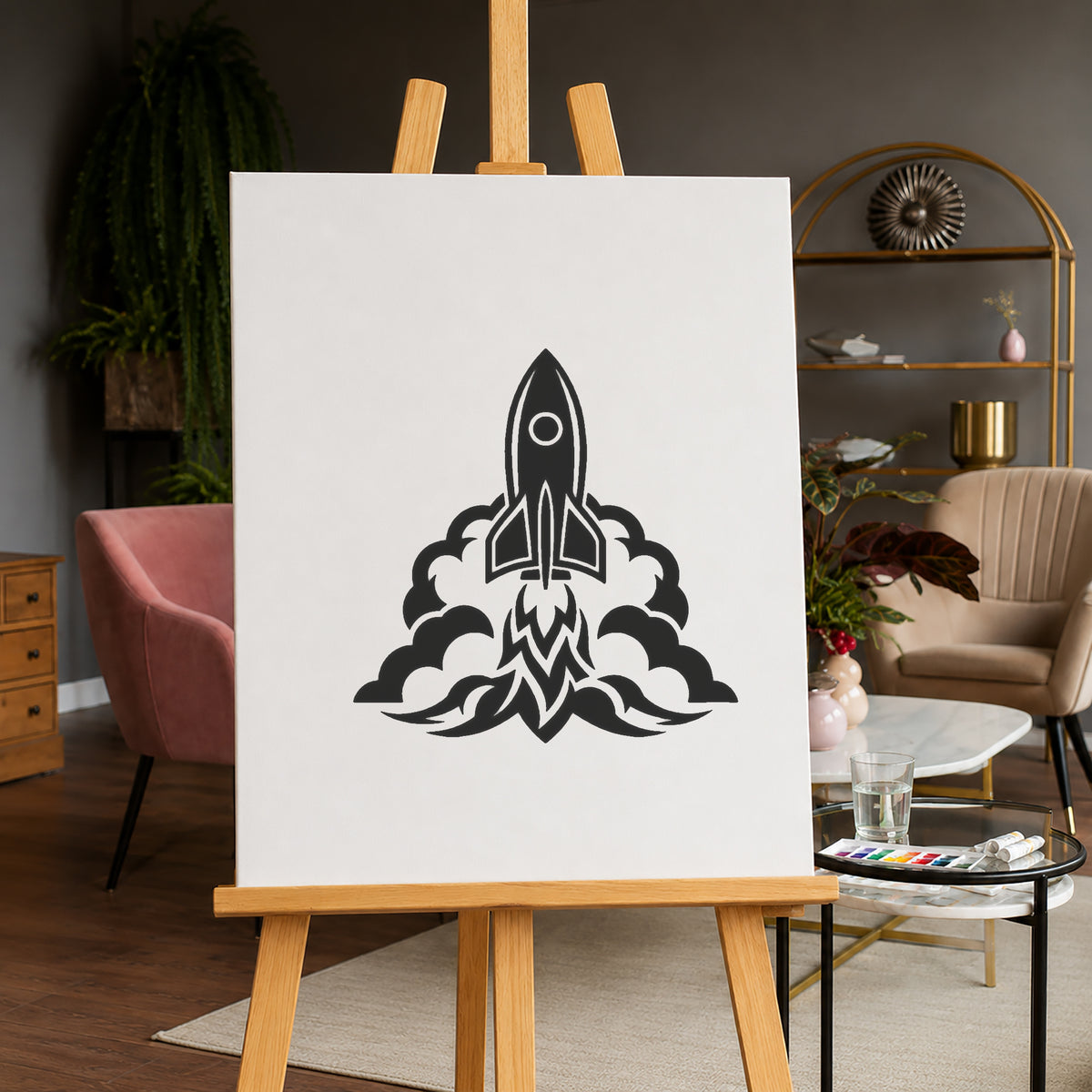 Space Rocket Launching Through Clouds Stencil for Art, Home Decor & DIY Crafts Template