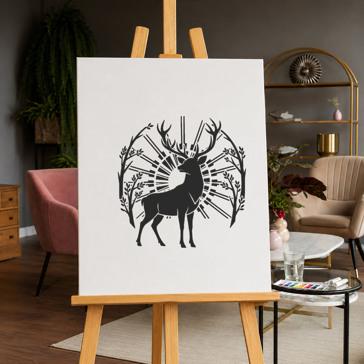 Stag with Wide Antlers Forest Branches Reusable Mylar Stencil for Art and Crafts Template