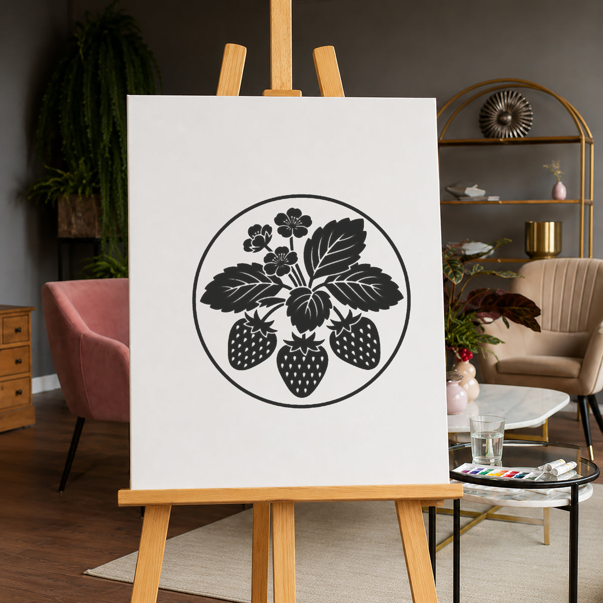 Strawberry Plant Stencil with Blossoms and Berries for DIY Art and Home Decor Template