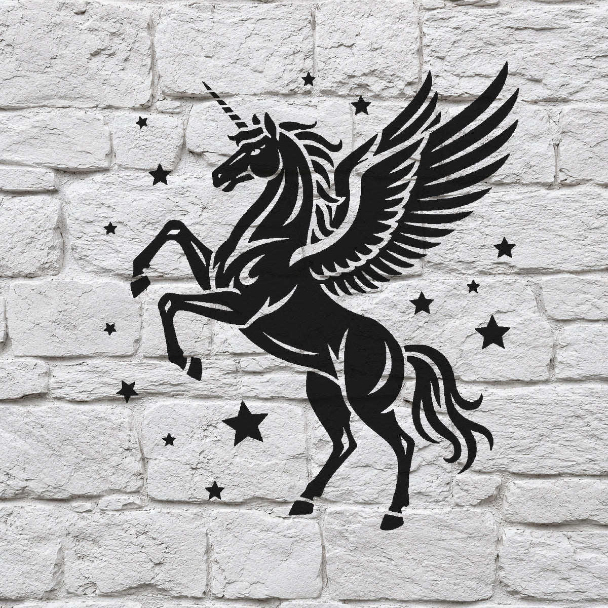 Winged Unicorn Rearing Among Stars Full-Figure Mylar Stencil for Art and Crafts Template