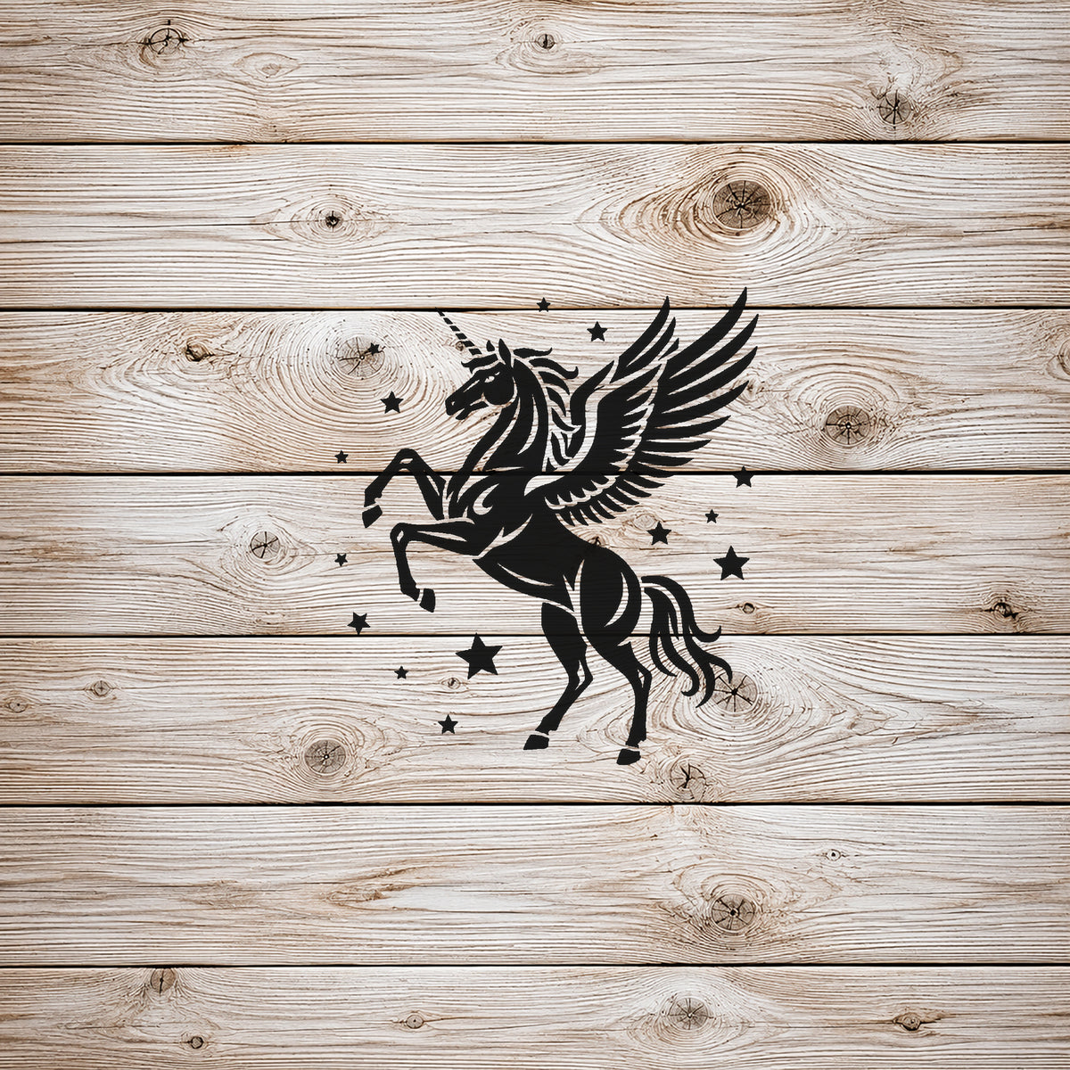 Winged Unicorn Rearing Among Stars Full-Figure Mylar Stencil for Art and Crafts Template