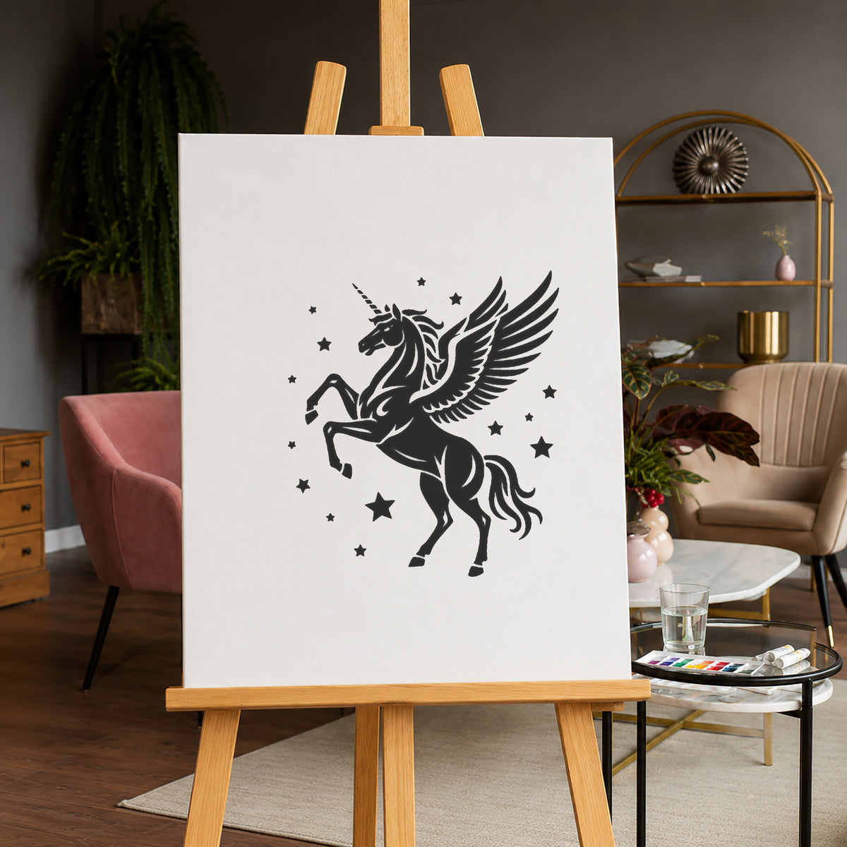 Winged Unicorn Rearing Among Stars Full-Figure Mylar Stencil for Art and Crafts Template