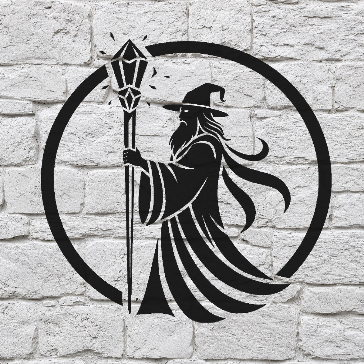 Wizard Holding Crystal Staff Circular Badge Stencil for Art, Home Decor, DIY Crafts Template