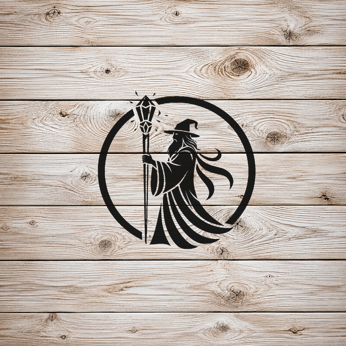 Wizard Holding Crystal Staff Circular Badge Stencil for Art, Home Decor, DIY Crafts Template