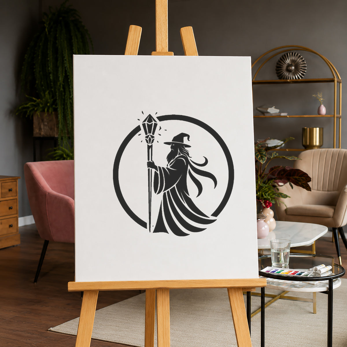 Wizard Holding Crystal Staff Circular Badge Stencil for Art, Home Decor, DIY Crafts Template