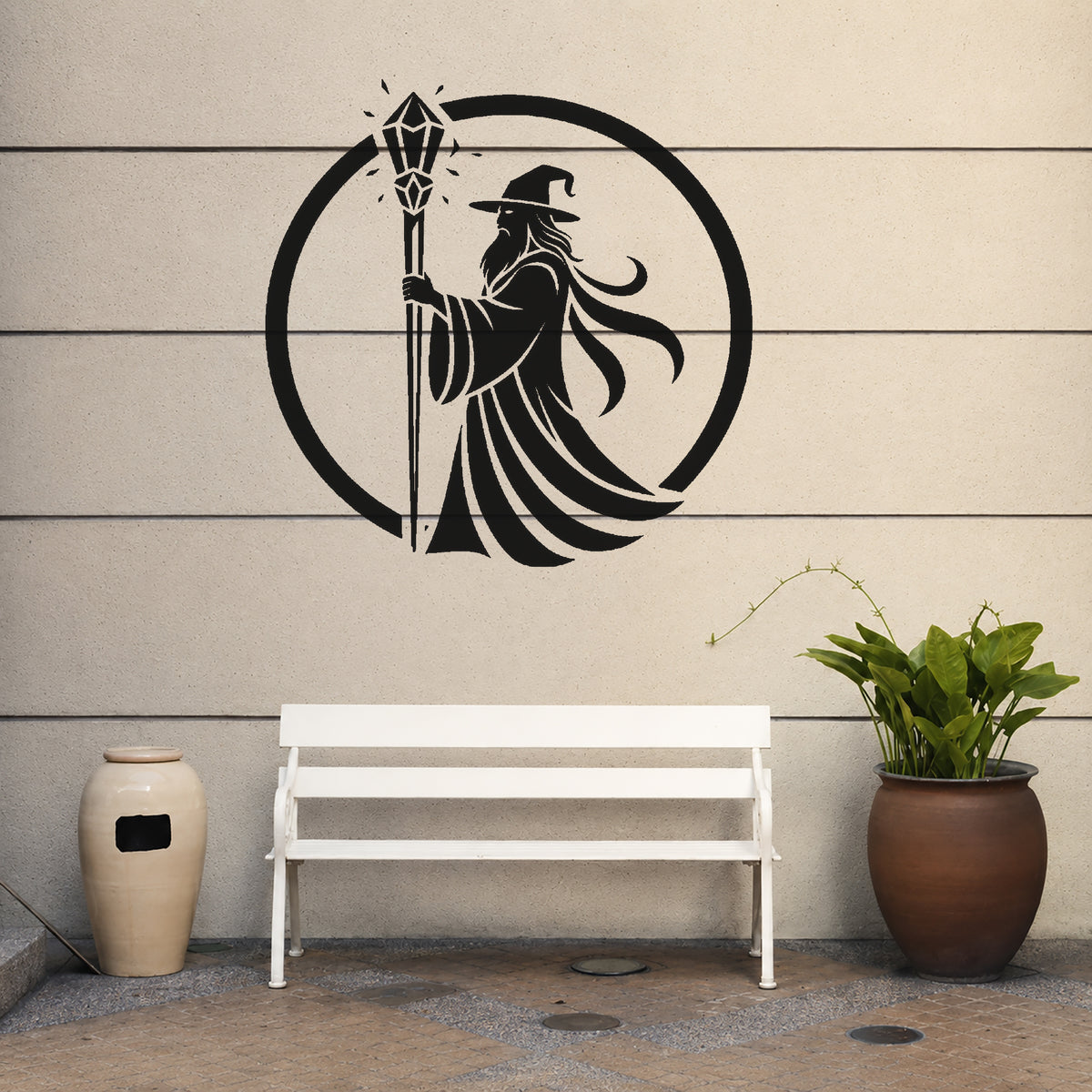 Wizard Holding Crystal Staff Circular Badge Stencil for Art, Home Decor, DIY Crafts Template